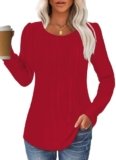 GKBK Women Long Sleeve Shirts Fall Tops Dressy Pleated Scooped Neck Tunic Tops for Leggings Red L