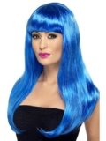 SMIFFYS Parrucca attraente e sexy, blu, lunga, liscia con frangetta Halloween, Carnevale