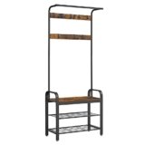 VASAGLE Appendiabiti con Scarpiera, Mobile da Ingresso con Panca, 4 in 1, 9 Ganci Rimovibili, Barra Attaccapanni, Entrata Corridoio, 33,7 x 72 cm, Industriale, Marrone Vintage e Nero HSR40B