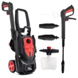LEHMANN Idropulitrice Austin, Pressione max. 220 bar, 1800 W, Portata 450 l/h, Pompa in alluminio, Autoadescante, Raggio d’azione 10 m, Ugelli & Lancia Schiuma, per Auto, Esterni di Casa, Nero/Rosso