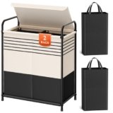 Kitsure Laundry Hamper with Lid – Spacious Double-Section Laundry Basket with Lid & Removable Inner Bags, Portable Clothes Hamper for Bedroom, Bathroom, Dorm, 120L, Black