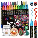 Betem 24 Colors Dual Tip Acrylic Paint Pens Markers, Premium Acrylic Paint Markers Stocking Stuffers for Rock, Wood, Fabric, Glass, Canvas, Ceramic, Christmas Gifts for Teens DIY Crafts Art Supplies