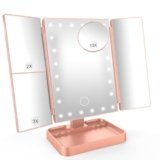 SURFOU Specchio da Tavolo Trucco Tri-Fold con 24 LED Touch, 1X/2X/3X/10X Ingrandimento Regolabile, Luce Regolabile 180°, Alimentazione USB/Batteria, Donne – Oro rosa