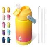 BJPKPK Insulated Water Bottle with Straw Lid, 12oz Thermo Water Bottles with Soft Nozzle, Flex Handle & Non-slip Boot, BPA Free Leak Proof Stainless Steel Metal Thermo, Tumblers, Cups,Rainbow