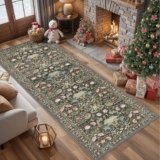 Wide Hallway Washable Runner Rug: 3×10 Water-Resistant Entryway Area Rug Vintage Soft Carpet for Living Room Non Slip Indoor Farmhouse Floor Mat for Bathroom Laundry Room(3×10,Green)
