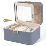 KAMIER Portagioie, 2 strati PU Leather Jewelry Organizer Box, grande capacità, doppia serratura e grande specchio, ganci per collana nascosti, divisori rimovibili, confezione regalo, grigio bluastro