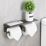 HANFU Porta Carta Igienica, Alluminio Doppio Portarotolo Carta Igienica con Ripiano, Porta Rotolo Carta Igienica Rotoli Cartaigienica da Parete Autoadesivo Senza Foratura per Bagno Cucina 31cm, Grigio