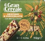 Gran Cereale, Snack Barrette con Frutta Secca con Arachidi, Cioccolato Fondente, e Mirtilli Rossi, 4 Barrette, 112 g
