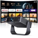 Proiettore Portatile【Smart TV & 1000+ Canali Live】Mini Proiettore 4K Smart TV Compatibile con Netflix, Rotazione 330°, Auto Focus WiFi Bluetooth, 1080P Nativo, Videoproiettore soffitto casa/campeggio