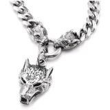 COOLSTEELANDBEYOND Collana da Uomo in Acciaio Inossidabile con Tripla Testa di Lupo, Catena Groumette Vichinga Norrena, Ciondolo Predatore a Maglia Cubana, Gioiello Biker Grintoso, Regalo per Lui
