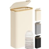 SONGMICS Cesto Portabiancheria con Coperchio, Cesta per Bucato, 65L, Salvaspazio, Sacco Rimovibile, Tessuto Oxford, Manici di Bambù, Pieghevole, 42 x 22,5 x 70,5 cm, Bianco Crema LCB506W01