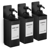 Anhow 3 Pezzi Dispenser Sapone Bagno, 500 ml Set Dispenser Doccia da Muro Senza Foratura Dispenser Doccia Shampoo e Bagnoschiuma con Etichetta per Bagno Doccia Cucina – Nero