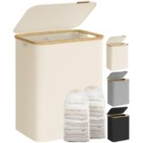 SONGMICS Cesto Portabiancheria con Coperchio a 2 Scomparti, Cesta per Bucato, 130L, Sacco Rimovibile, Tessuto Oxford, Manici di Bambù Pieghevole, 52 x 38,5 x 70,5 cm, Bianco Crema LCB513W01