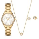 Michael Kors Women’s Lauryn Three-Hand Gold-Tone Stainless Steel Bracelet Watch, Earrings and Necklace Gift Set (Model: MK4849SET)
