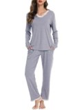 Lovasy Pigiama Donna Invernali Cotone Caldo a Maniche Lunghe con Scollo a V in Pizzo Sexy Lungo Pantaloni con Tasche S-XXL,Grigio Chiaro,S
