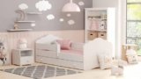 Dmora – Letto singolo per bambini, Lettino con protezione anticaduta e testiera a nuvola, cm 164x88h63, colore Bianco