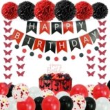 HipTree 40pcs Red Black Birthday Party Decorations,Gifts for Women or Girls, Happy Birthday Banner with Balloons,Paper Pom Poms,Butterfly Garland,Foil Star and Hearts for Party Decor