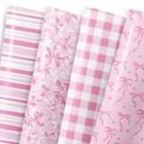 MotiGiftie Pink Wrapping Paper Sheet – 8 Sheets Folded Flat Gift Wrap with Cute Ribbon Bow, Pink Plaid, Stripes and Leaves Design for Girl Baby Shower, Birthday, Wedding – 20 X 28 Inch Per Sheet