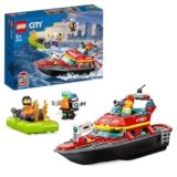 LEGO 60373 City Fire Barca di Soccorso Antincendio dei Vigili del Fuoco, Nave Giocattolo Galleggiante con Gommone di Salvataggio e Minifigure