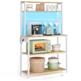 VASAGLE Scaffale da Cucina con LED, Scaffale per Microonde con Multipresa, Ripiani Regolabili, 8 Ganci, 40 x 80 x 168,4 cm, Rovere Dorato e Bianco Opaco KKS050YA01