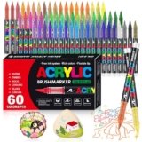 WOGOPRO Pennarelli Acrilici, 60 Colori Acrylic Marker, Acrilici Brush Pen Marker per Colorazione, Calligrafia, Pittura, Legno, Vetro, Plastic, Tessuti, Sassi, Ceramica