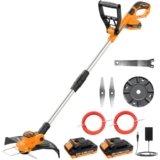 JYGMPRO Decespugliatore a Batteria 21V, Tagliabordi a Batteria Brushless con 2 Batterie 2,0Ah, 2 Bobina(5m), 2 Lame, Impugnatura Regolabile, Tubo Telescopico, Testa Girevole 90°per Giardino Potatura