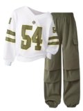 Axumity Tween Girls Clothes Fall Sporty Color Blocking Numeral Print Sweatshirt & Cargo Pants Outfit Set(7-8Y)