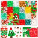 Christmas Beads for Bracelets, 500Pcs Pony Beads Kit with Christmas Tree Snowflake Charms Xmas Party Decor Red Green Assorted Bead Gifts for Girls Kids DIY Jewelry Making Crafts Stocking Stuffers