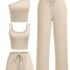 LovelyWholesale Women 2 Piece Outfits Long Sleeve Crop Hoodies and Pants Sweatsuit Set Khaki Large