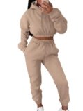 LovelyWholesale Women 2 Piece Outfits Long Sleeve Crop Hoodies and Pants Sweatsuit Set Khaki Large