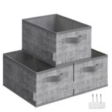 SONGMICS Scatole Portaoggetti Pieghevoli, Set di 3 Contenitori, 30 x 20 x 15 cm, Organizzatori per Armadio, 2 Maniglie, Portaetichette, per Camera da Letto Soggiorno, Grigio Giunco ROB415G01