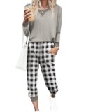 Ekouaer Jogger Pajamas Sets for Women Long Sleeve Pjs 2 Piece Gingham Lounge Joggers Pyjamas Set Grey Plaid Pants Pjs S