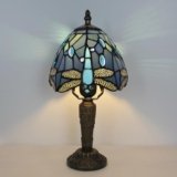 tuomoxte Tiffany Small Table Lamp,Blue Dragonfly Stained Glass 3 Color Temperature Antique Table Lamps,Bedside Nightstand Lamp for Bedroom,Living Room,Home Office+LED Bulb,6X6X12.5Inch