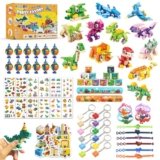 Custoduy 132PCS 3-in-1 Dinosaur Building Blocks Party Favors for Kids Ages 6-12 – 12 Packs with Stickers, Keychains & Wristbands for Birthday Gifts, Classroom Prizes & Goodie Bags