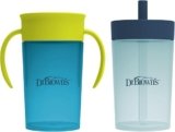 Dr. Brown’s Milestones Straw to 360° Cup Set, Convertible Toddler Training Cup Set with Interchangeable Silicone Straw and 360 Degree Cup Lids, Blue Green, 10 oz/300 mL, BPA Free, 9m+, 2 Pack
