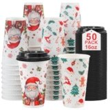 Lamosi 50 Pack 16 OZ Christmas Coffee Cups with Lids, Christmas Insulated To Go Coffee Cups, Hot/Cold Beverages Xmas Winter for Home Office Holiday Party