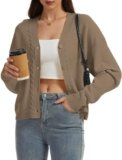 LUXEBOLD Women’s Oversized Cardigan Sweater V-Neck Cable Knit Chunky Open Front Sweater Button Down Long Sleeve Coats Light Khaki S