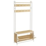 VASAGLE Appendiabiti con Scarpiera a Ribalta, Mobile da Ingresso, con Panca, 9 Ganci e Mensola Superiore, per Corridoio Camera da Letto, Stile Moderno, Rovere e Bianco HSR405W09