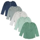 HonestBaby 5-Pack Waffle Henley Long Sleeve Shirts 100% Organic Cotton for Infant Baby and Toddler Boys, Unisex , Good Natured, 12 Months