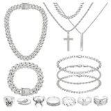 NEWITIN 15 Pieces Silver Jewelry Set for Men Stainless Steel Cuban Link Necklace Bracelet Cross Pendant Necklace Vintage Ring Cuban Jewelry Set for Men Women