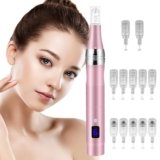 Vicloon Elettrico Dermapen Microneedling Professionale, Derma Penna con Schermo LCD e 6 Livelli incl. 12 pezzi Cartucce, Regolabile 0-2,5 mm (Rosa)