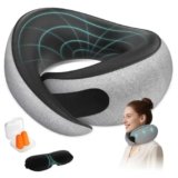FIOGIKO Travel Neck Pillows for Airplanes – 360° Ergonomic Memory Foam Travel Pillow – Relief Neck Pain with Breathable Support for Long Flights, Car, Train & Office Use – Adults & Kids (Gray)