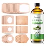 30Pcs Adhesive Castor Oil Patch with 7oz Organic Castor Oil Cold Pressed, Cotton Caster Oil Pack Wrap for Waist Back Neck Arm Belly