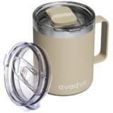 avodvo 12oz Insulated Coffee Mug with Lid – Includes Two Lids, Stainless Steel Coffee Travel Mug with Handle, Double Wall Vacuum Insulated Camping Mug for Home, Office & Outdoor, Brown