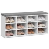 VASAGLE Panca Scarpiera, Scarpiera Ingresso con Seduta Imbottita e 12 Scomparti, Scaffale Porta Scarpe da Ingresso, 30,3 x 104 x 48 cm, Bianco e Grigio LHS012W14