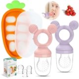 Baby Fruit Food Feeder – Silicone Nibble Tray Combo – Breastmilk Popsicle Mold for Cooling Relief, BPA Free Mesh Feeder for Infant Self Feeding (Lavender Pink + Carrot)
