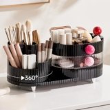 UFORU Makeup Organizer Countertop for Vanity with 360° Rotating Brush Holder, 3 Layer Cosmetic and Jewelry Storage, Makeup Display Case for Skincare&Perfume, Black