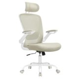 SONGMICS Sedia da Ufficio Girevole, Sedia di Rete da Computer Ergonomica, Supporto Lombare, Oscillante, Seduta 53 cm, Braccioli Pieghevoli, Poggiatesta, Beige Cappuccino OBN047K01