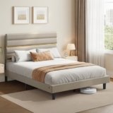 VASAGLE Struttura Letto Matrimoniale, Telaio Letto, per Materasso 160 x 200 cm, Testiera Imbottita Regolabile, Metallo e Legno, Moderno, Beige Cappuccino RMB505LH01