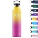 Motswedi Borraccia Termica 1 litro, Doppia Parete, Bottiglia Termica, a Prova di Perdite, Borraccia con Cannuccia, Acciaio Inox, Borracce Termiche, per Palestra, Outdoor, Campeggio, Giallo & Rosa